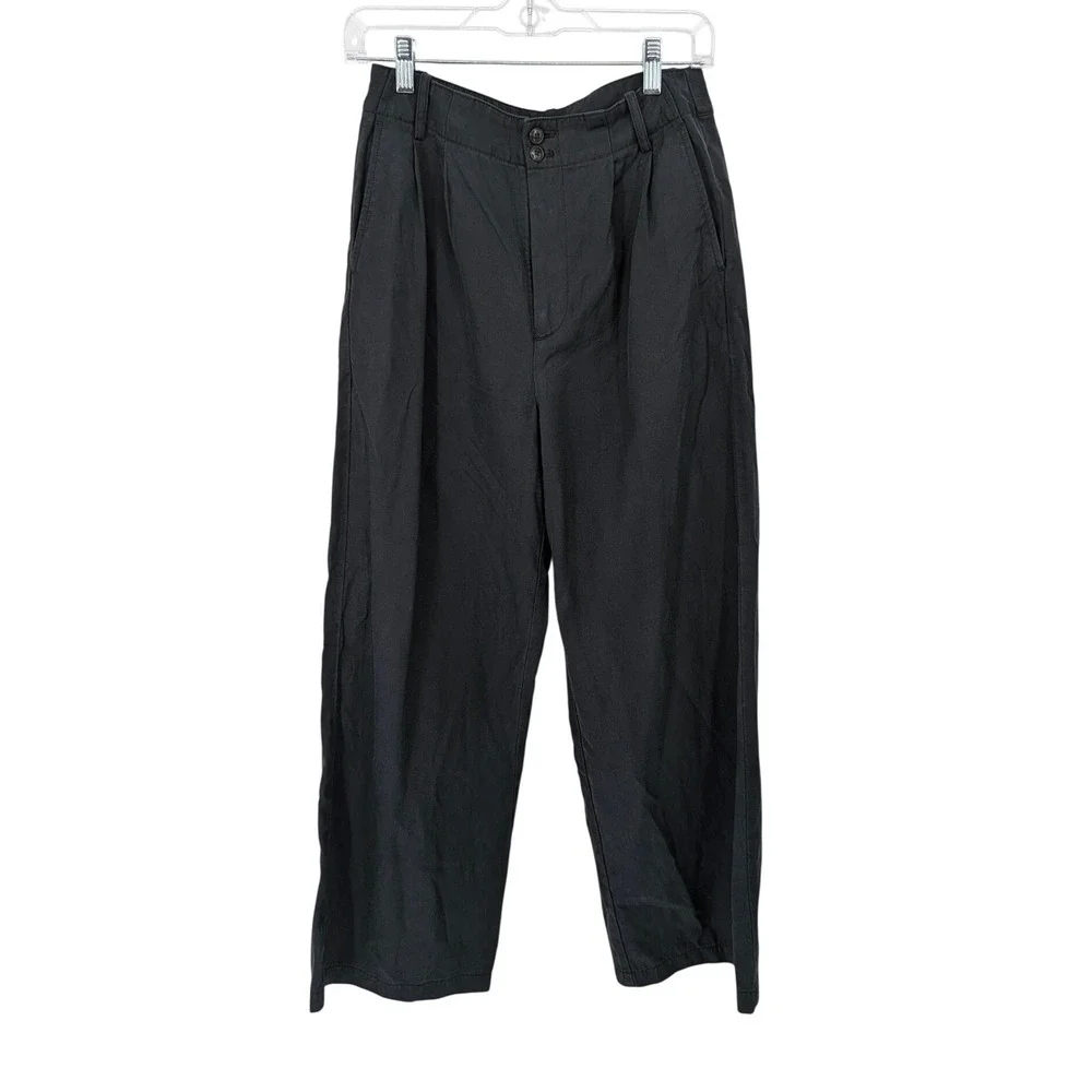 Madewell The Harlow Wide Leg Pant Women 2 Black Pleated Linen Blend Trousers